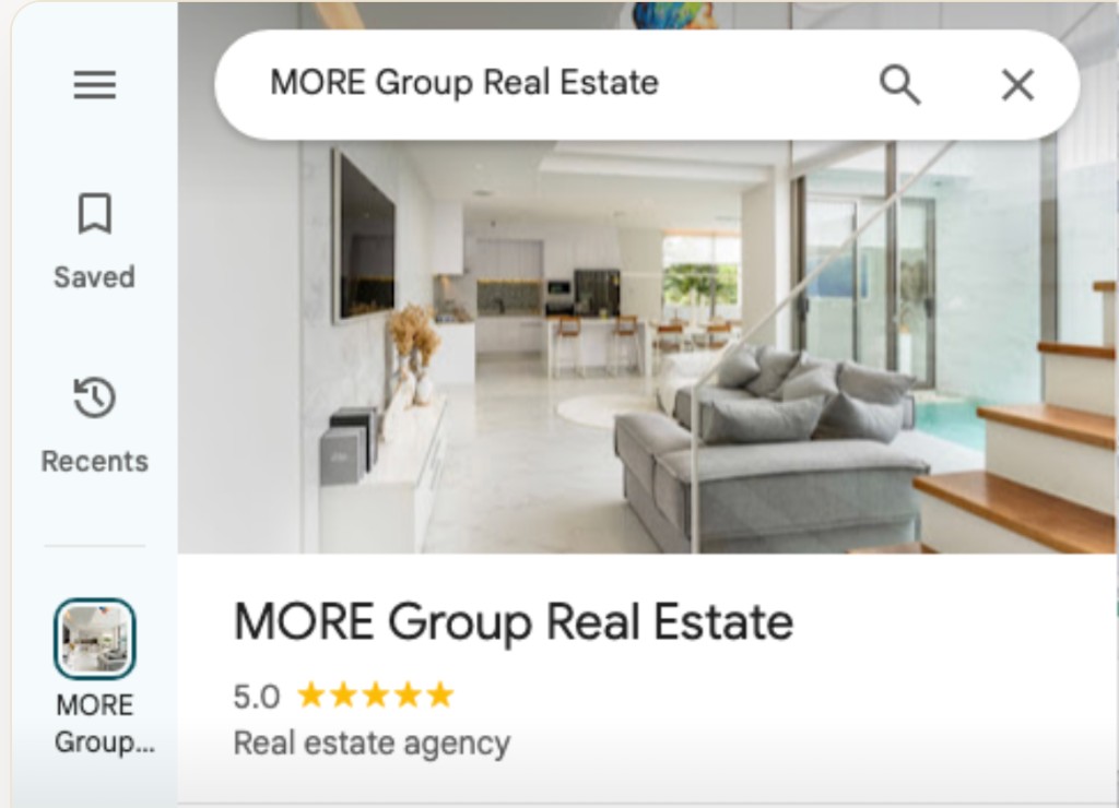 Скриншот Google-профиля MORE Group Real Estate с рейтингом 5.0