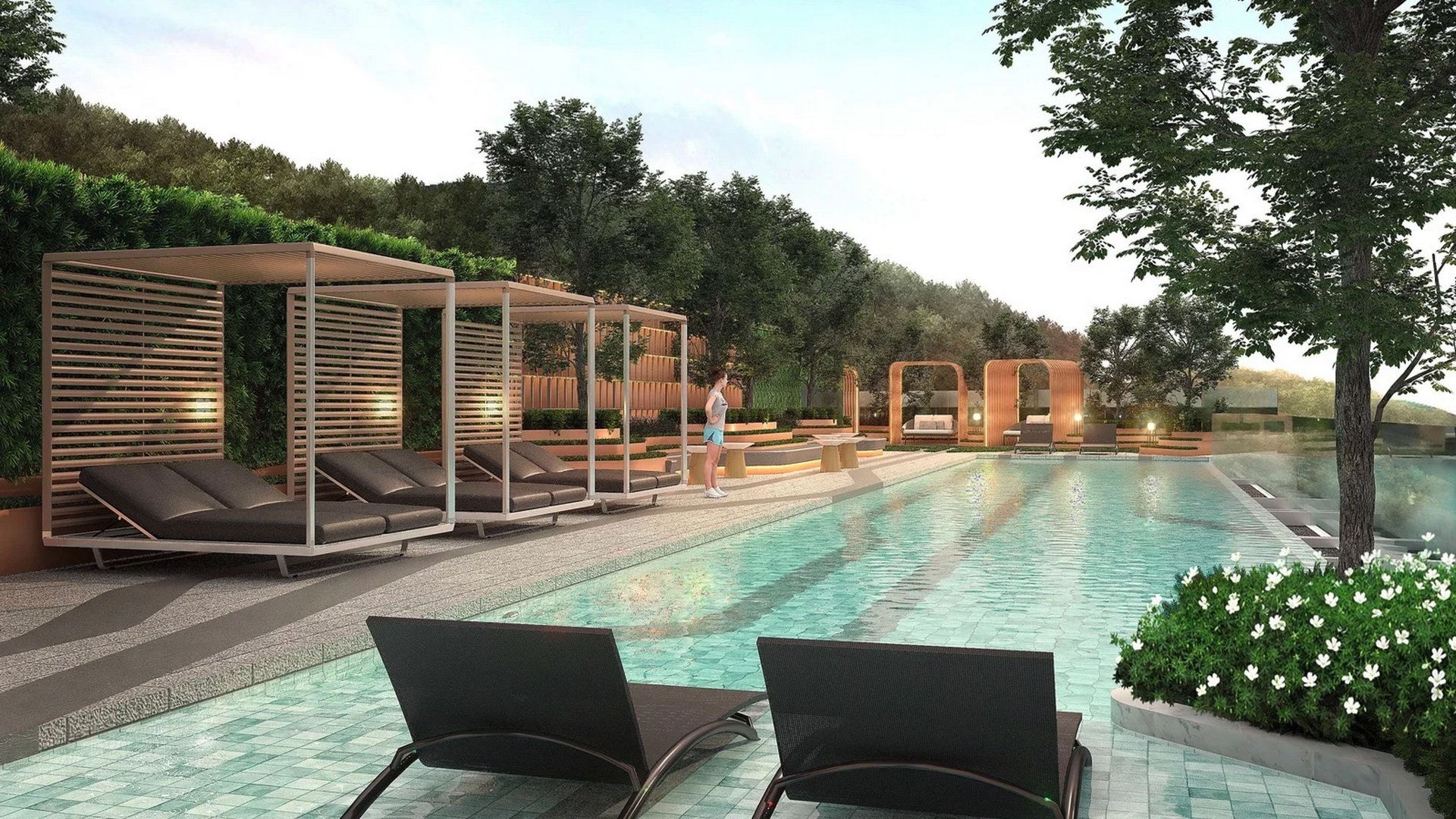 VIP Venus Karon — pool deck с деревянными кабанами и шезлонгами вдоль бассейна