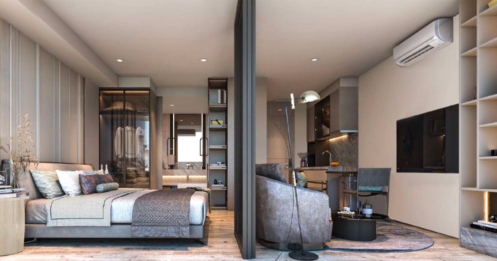 VIP Venus Karon — интерьер 1BR-квартиры: спальня с гардеробной зоной, кресло, встроенная кухня-гостиная с ТВ