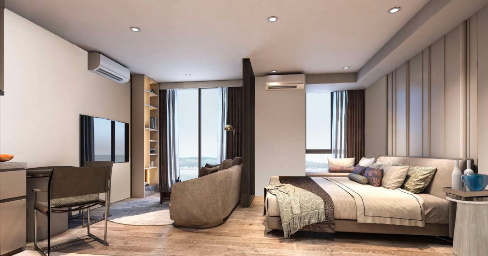 VIP Venus Karon — открытая жилая зона с диваном, кроватью и панорамным остеклением выхода на балкон